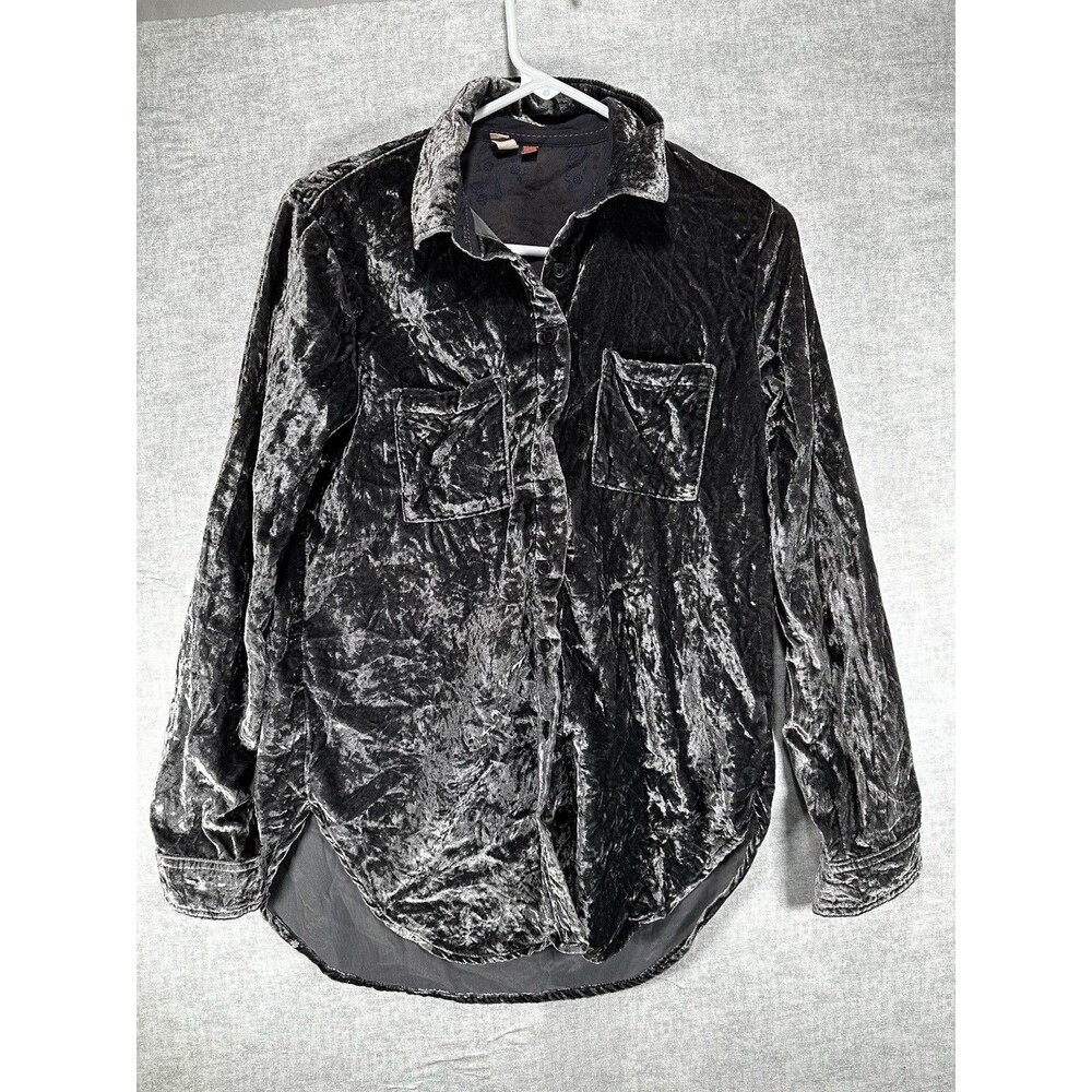 Anthropologie Pilcro Crushed Velvet Femme Buttondown Shirt in Dark Gray XXS - Picture 1 of 7